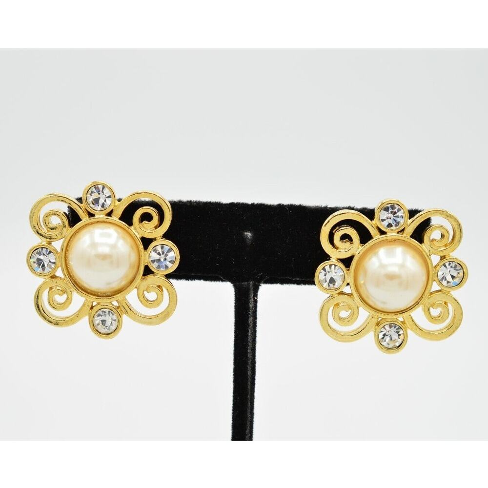 AJC Vintage Post Earrings Gold Rhinestone Crystal Faux Pearl Signed 1980s BinS